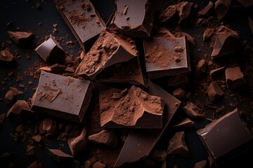 Dark bitter chocolate pieces with cocoa powder on black background, top view. - obrazy, fototapety, plakaty
