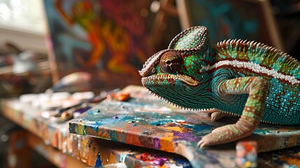 Colorful Chameleon Sitting on a Painted Canvas with Art Supplies in an Artist’s Studio