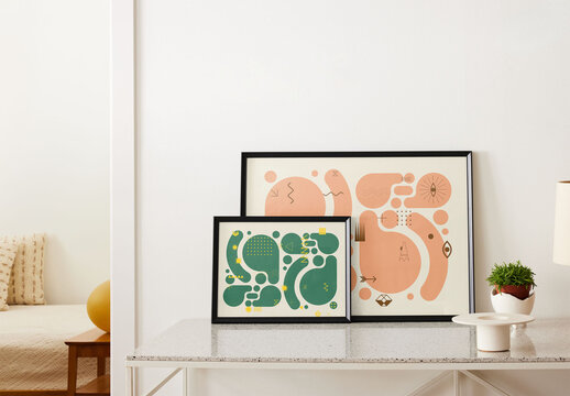 Mockup of two customizable horizontal frames on shelf