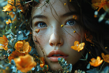 a girl surrounded by flowers, in a photo-realistic hyperbolic style