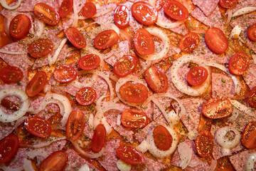 Tomatoes, onion rings, salami and tomato sauce on oven-ready pizza dough