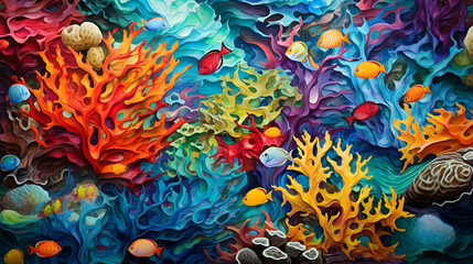 Kaleidoscope of life in a dynamic coral reef ecosystem teeming with colorful fish and corals