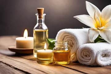 Foto op Plexiglas Spa beauty treatment and wellness background with towels flower massage oil and burning candle © Cheetose