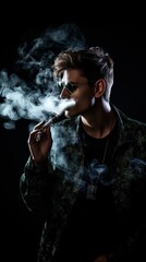 Handsome young man in sunglasses smoking electronic cigarette on black background, ai generative