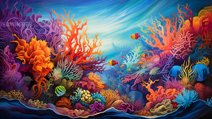 Fototapeta na wymiar Vividly illustrated coral reef teeming with life, a colorful homage to underwater diversity. Ideal for use in marine education, conservation messaging, themed decor