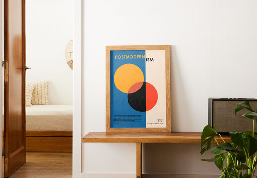 Mockup of customizable vertical wood frame on shelf
