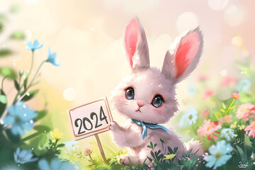 Frohes Osterfest 2024: Illustration eines fröhlichen Osterhasen mit Schild