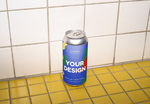 Mockup of customizable 44cl drinks can on tiles, flash
