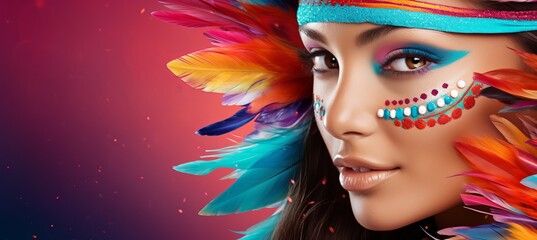 Brazilian carnival woman in vibrant costume on solid color background with text space