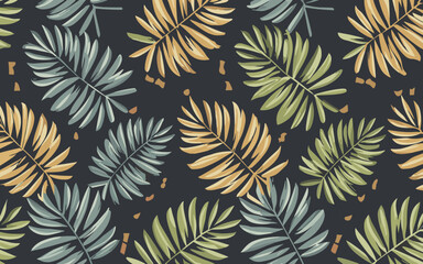 Brush drawn palm leaves seamless pattern. Abstract tropical foliage background. Grunge tropical leaves texture. Foliage ornament with exotic branches. Vector natural seamless pattern.