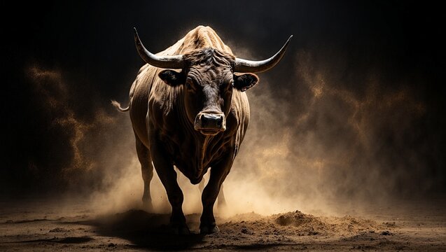 charging bull dust backlit photographic super on black background.