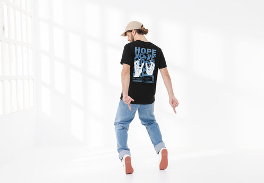 Mockup of white man wearing t-shirt, customizable logo