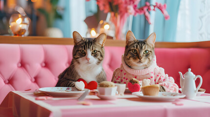 Two cats sitting at the table on a pink sofa in cafe with cup of coffee and cupcakes. Valentine day celebration idea. Greeting card. Abstract aesthetic concept of love and passion.