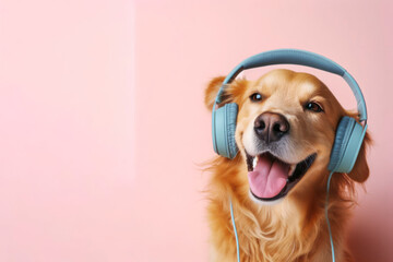 Happy dog in headphones on a pastel background. ai generative