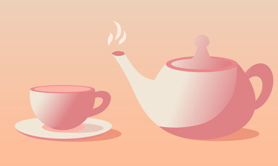 Cup and teapot. Breakfast and hot drinks. Vector illustration.