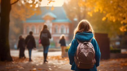 Rearview photography of a young girl wearing a backpack in the sunny morning, looking at the school building. Female child first day in educational institution year, kindergarten rucksack September - obrazy, fototapety, plakaty