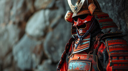 Minimalistic Japanese samurai costume background concept with empty space. Fully armed and ready to fight.