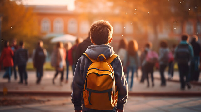 Rearview photography of a young boy wearing a backpack in the sunny morning,looking at the school building.Little male child beginning the educational institution year, kindergarden rucksack September