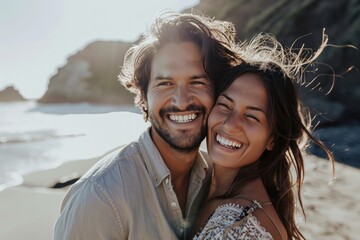 Smiling Couple Embracing at the Beach by the Water