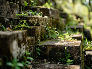 pyramid blocks, showing texture and age, overgrown with patches of grass and small plants