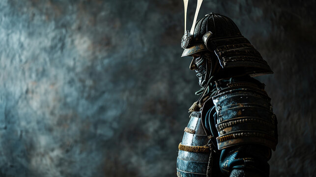 Minimalistic Japanese samurai costume background concept with empty space. Fully armed and ready to fight.