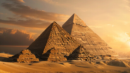Great Pyramid of Giza, shot at sunset, golden hues casting dramatic shadows over the ancient limestone blocks