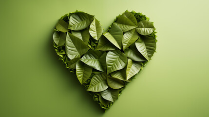 Heart made of green leaves on green background. Valentine's day concept