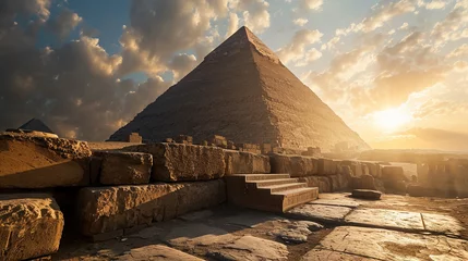 Foto op Canvas Great Pyramid of Giza, shot at sunset, golden hues casting dramatic shadows over the ancient limestone blocks © Gia