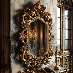 Elegant Golden Ornate Mirror on a Distressed Wall with a Classic Candelabra and Reflective Ambiance