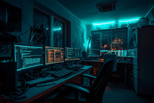 hacker's lair, dark room illuminated only by the glow of computer screens displaying code and hacking tools