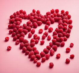 Heart shape made of fresh raspberries on a pink background.