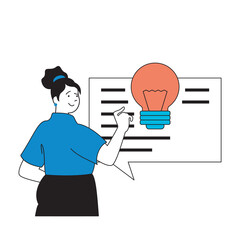 Social media concept with cartoon people in flat design for web. Woman brainstorming, creating and editing text in bubble message. Vector illustration for social media banner, marketing material.