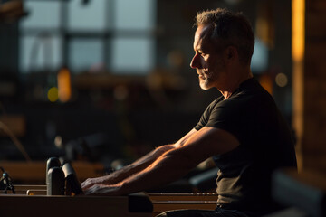 Man in his 40s, practicing Pilates Reformer exercises, intense concentration, gym setting