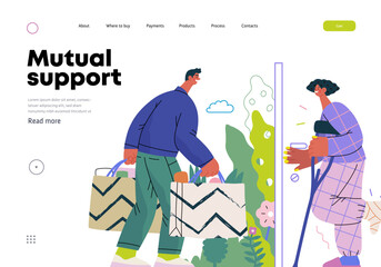 Mutual Support Buying groceries for ill neighbor -modern flat vector concept illustration of man carrying shopping bags for woman on crutches Metaphor of voluntary, collaborative exchanges of services