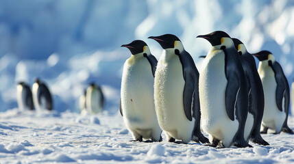 Obraz premium Emperor Penguins, standing amidst a snowy Antarctic backdrop, bright daylight