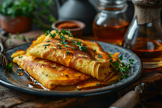 A thin pancakes on plate on wooden background. Maslenitsa