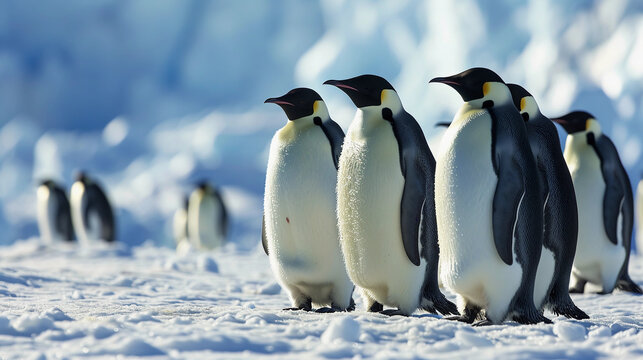 Emperor Penguins, standing amidst a snowy Antarctic backdrop, bright daylight
