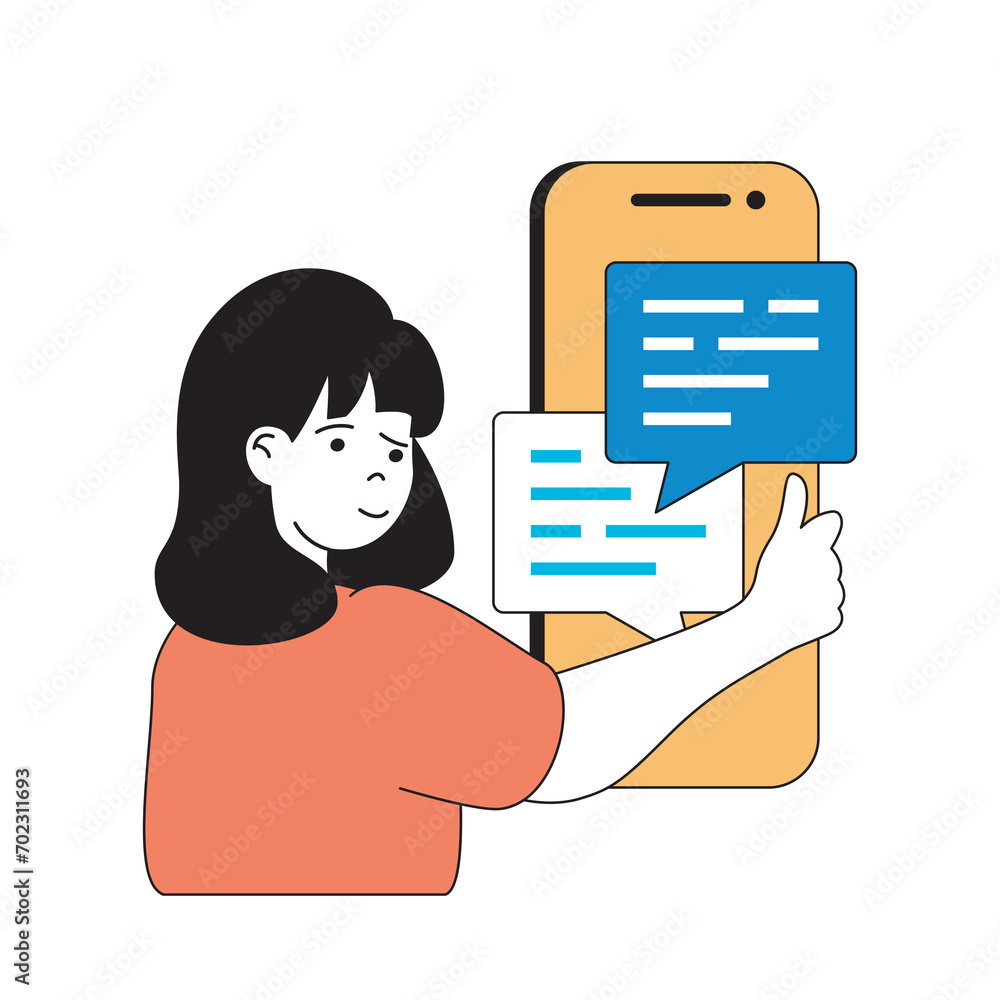 Aufkleber social media concept with cartoon people in flat design for web. woman sending messages and using on