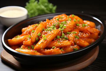 Tteokbokki in a spicy sauce, perfectly garnished with sesame seeds and green onions. This image is excellent for promoting Korean restaurants, illustrating food-related articles