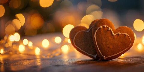 Two Decorated Gingerbread hearts on empty wooden table Valentine's day web bokeh background - generative ai