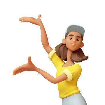 Portrait cute kawaii excited smiling active brazilian black girl in fashion casual clothes blue jeans, yellow t-shirt shows empty copy space on open hand palm for text. 3d render isolated transparent.