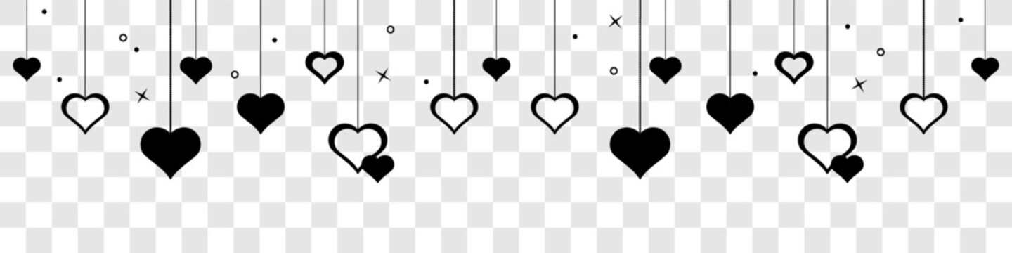 Naklejki Black heart icons set. Valentine's day decoration. Valentine's day seamless banner or border. Hanging hearts seamless border isolated on transparent background . Hearts garland.