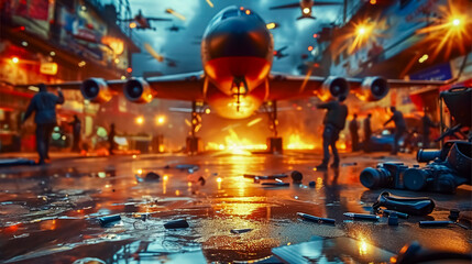 Airport at night. Selective focus. Airplane in the background. Great action scene. Military silhouettes fighting scene on war fog sky background, - obrazy, fototapety, plakaty