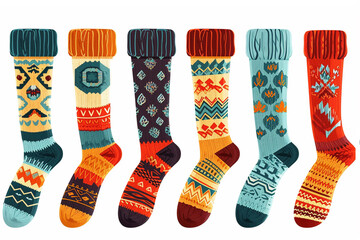 Set of cartoon warm bright colorful socks on a white background