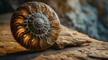 Ammonite fossil, spiraled form visible, earth-toned colors, placed on a wooden table