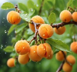 Ripe apricots on a branch with leaves in the rain