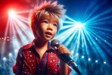 Asian boy child sings emotionally at a concert in front of microphone illuminated by spotlights,...