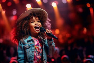 little dark-skinned girl sings emotionally at concert in front of microphone illuminated by...