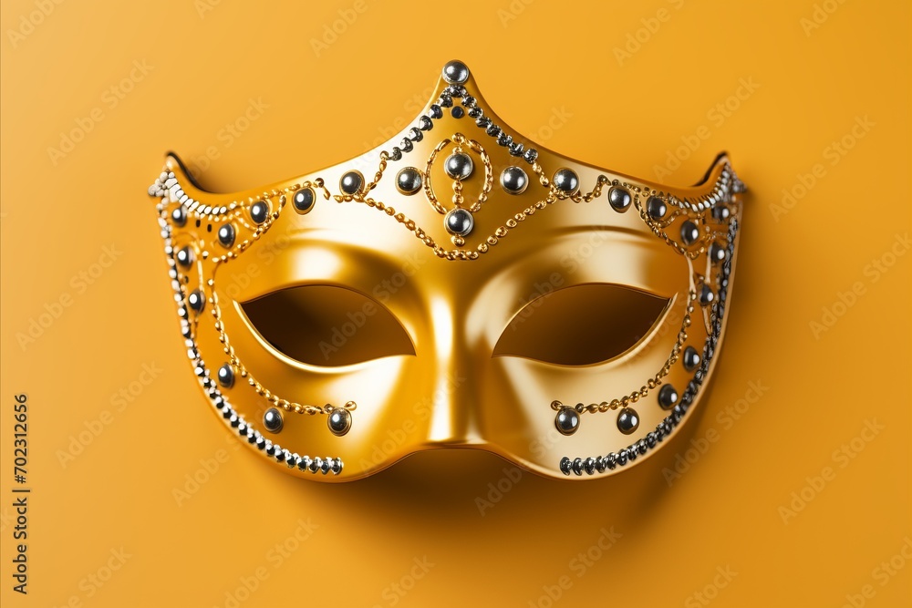 Poster festive carnival mask with intricate design on solid color background, perfect for text placement.