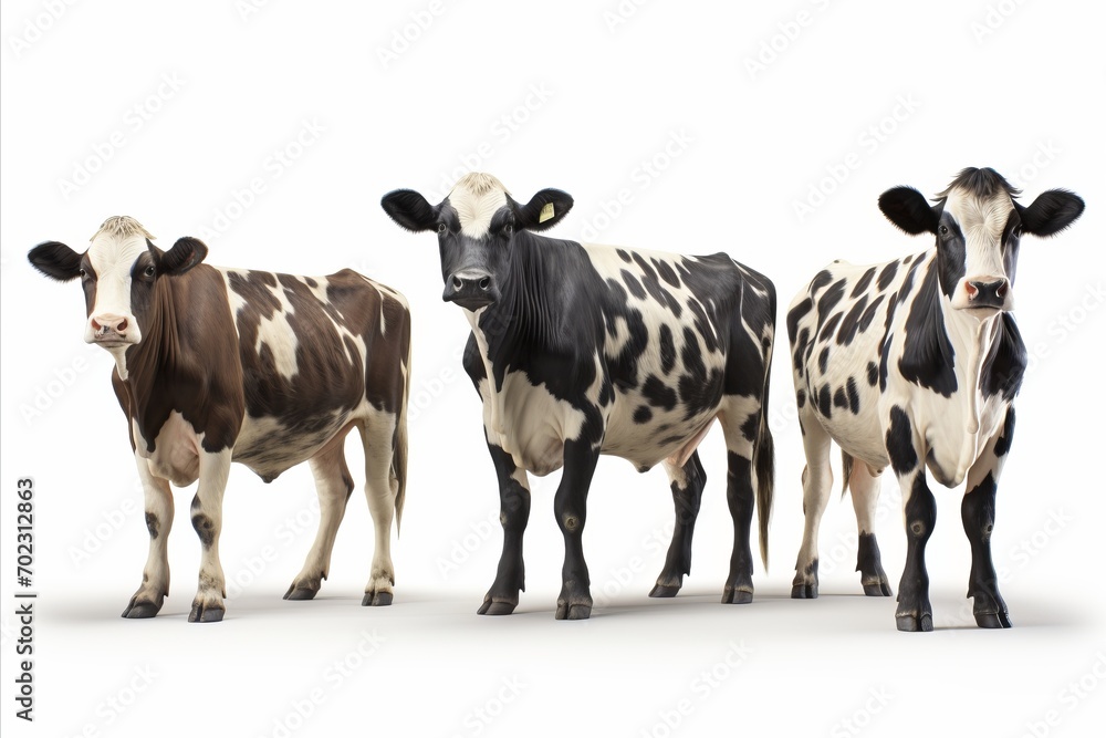 Poster isolated dairy cattle grazing on white background with spacious copy space for text placement